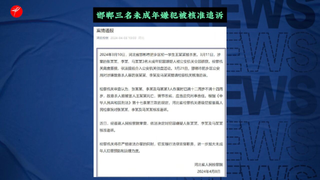 邯郸三名未成年嫌犯被核准追诉