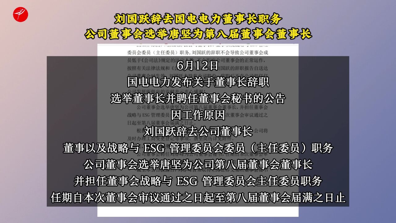 刘国跃辞去国电电力董事长职务