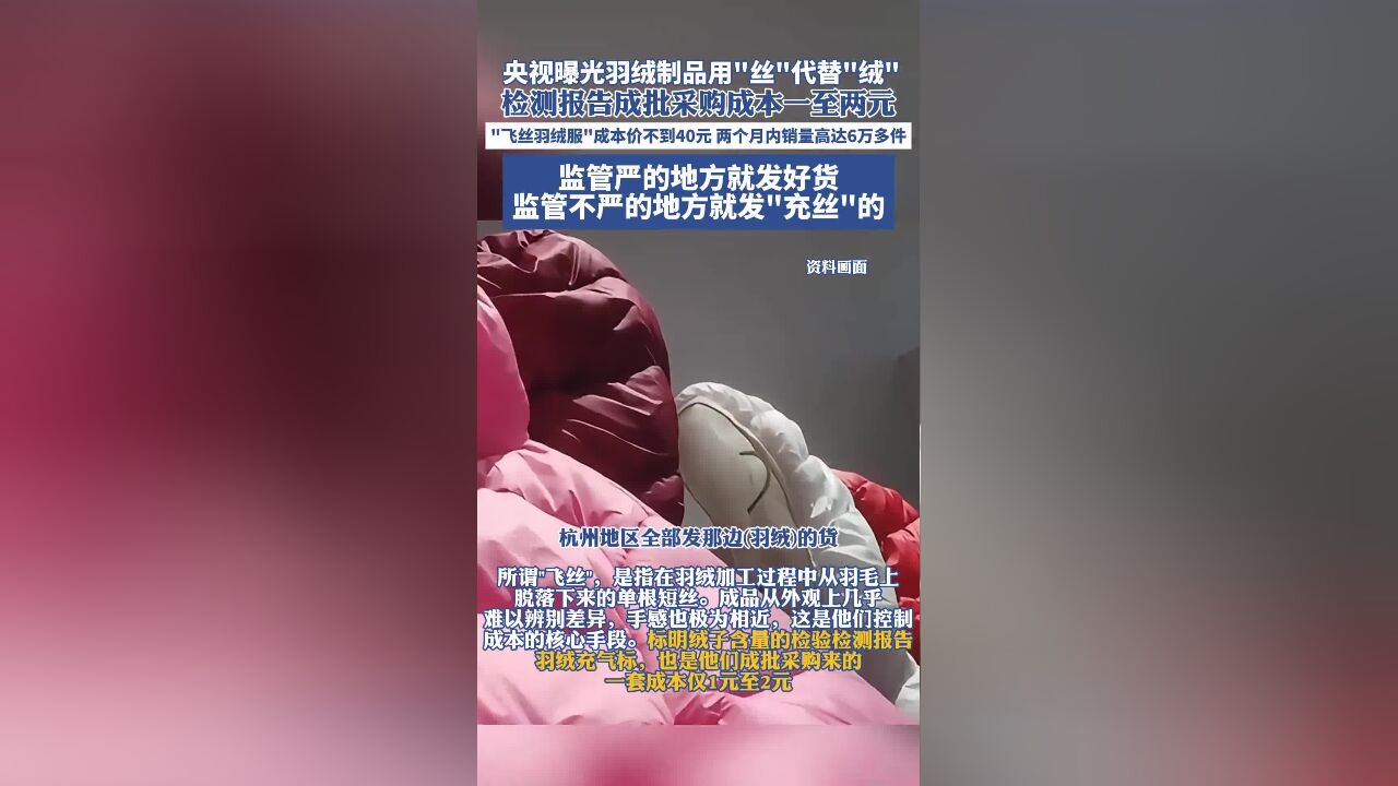 央视曝光羽绒制品用＂丝＂代替＂绒＂, 检测报告成批采购成本一至两元,＂飞丝羽绒服＂成本价不到40元两个月内销量高达6万多件