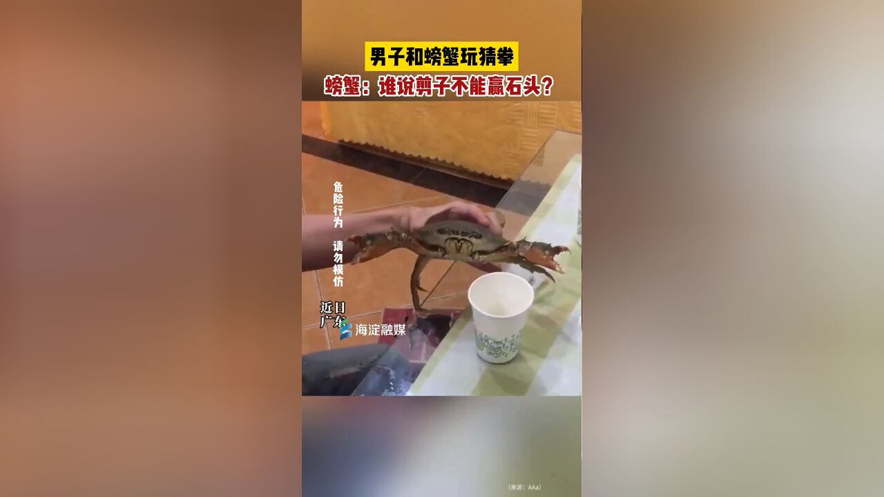 男子和螃蟹玩猜拳,螃蟹:谁说剪子不能赢石头?