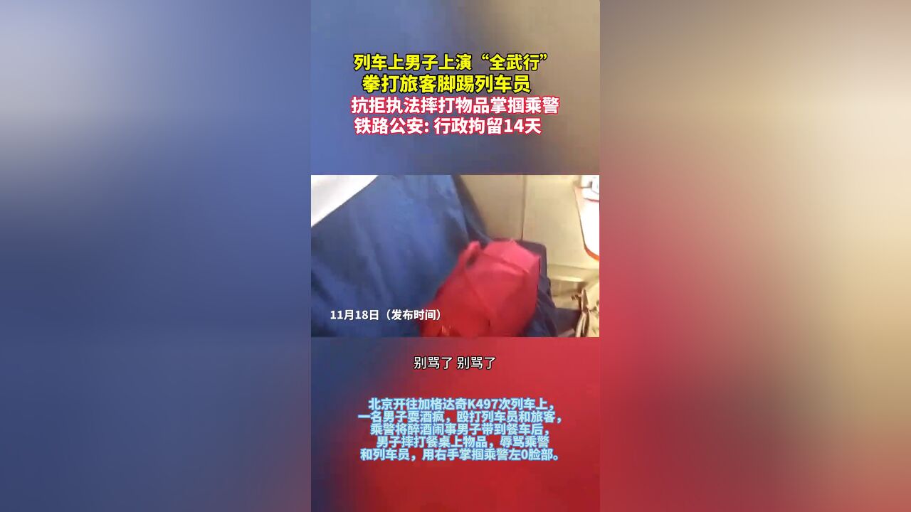 列车上男子上演“全武行” 拳打旅客脚踢列车员