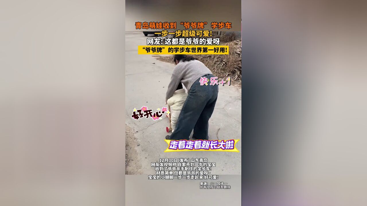 萌娃收到“爷爷牌”学步车,一步一步超级可爱,网友: 这都是爷爷的爱呀