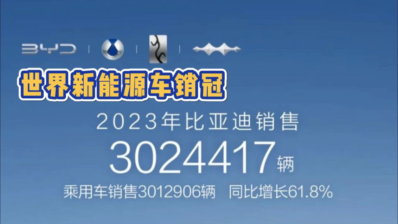 销量超300万 比亚迪勇夺2023全球新能源车销冠