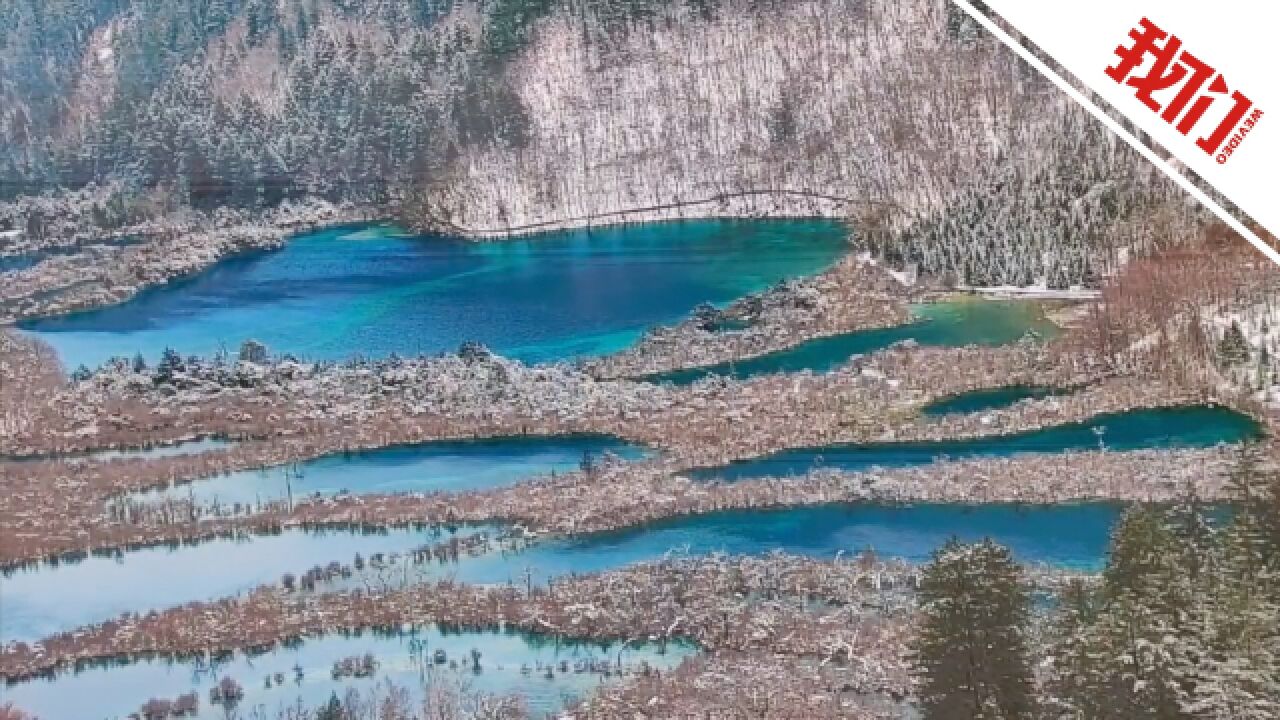 九寨沟景区雪后如童话般世界 游客在宝石般深蓝海子前拍照打卡