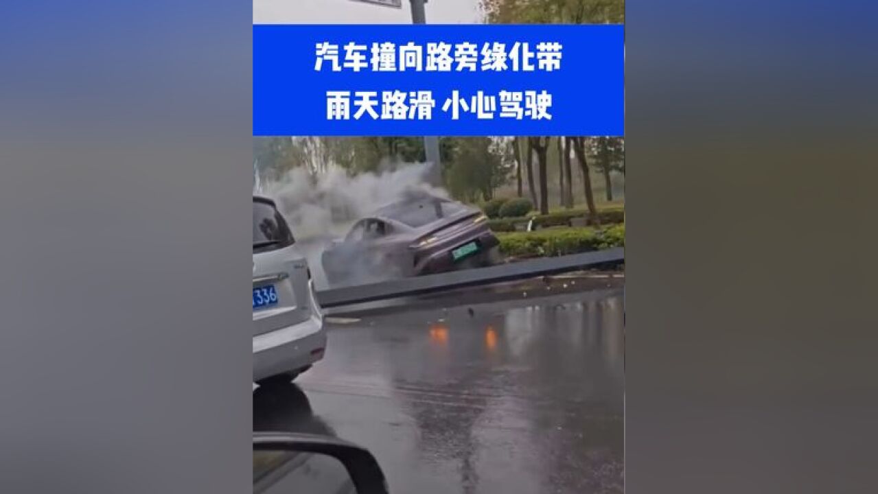 汽车撞向路旁绿化带,雨天小心路滑⑩