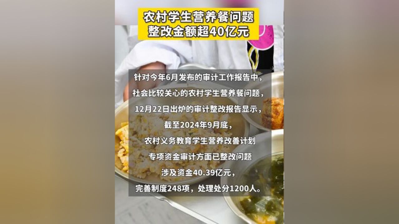 农村学生营养餐问题整改金额超40亿元