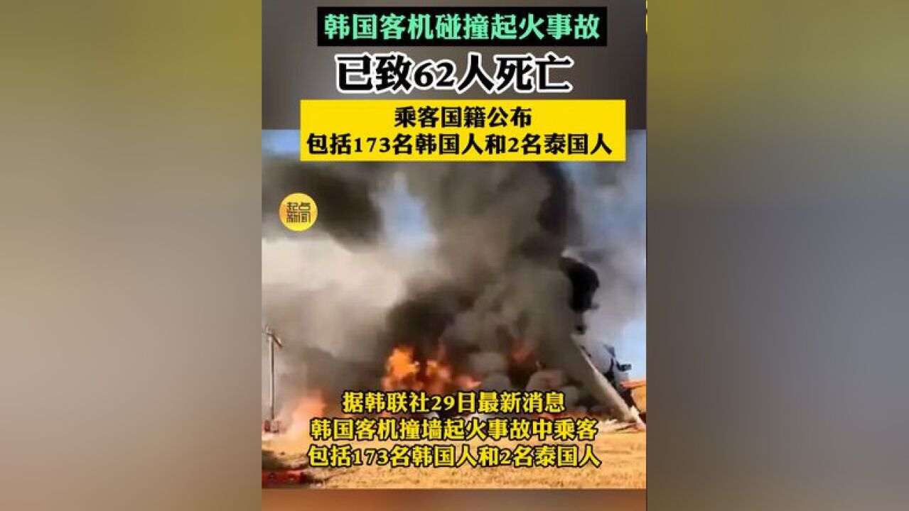 韩国客机起火已致62人死亡,乘客国籍公布,包括173名韩国人和2名泰国人