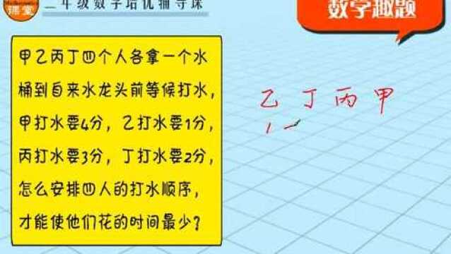 二年级奥数题:甲乙丙丁四人打水怎么安排时间最少?