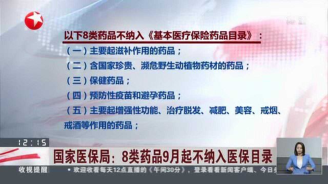 国家医保局:8类药品9月起不纳入医保目录