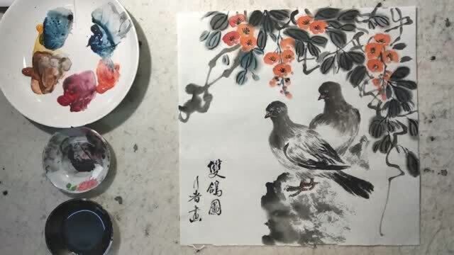 国画《双鸽图》:画鸽子其实同画鸟的方法是一样的,就是结构不同