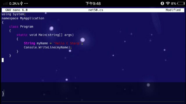 csharp编程语言学习,声明字符串并命令行打印输出Hello C Sharp