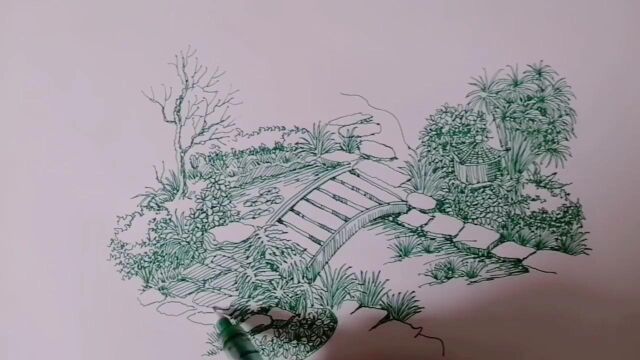 【钢笔画】用两种颜色的笔手绘一副景观速写,效果到底怎么样呢?