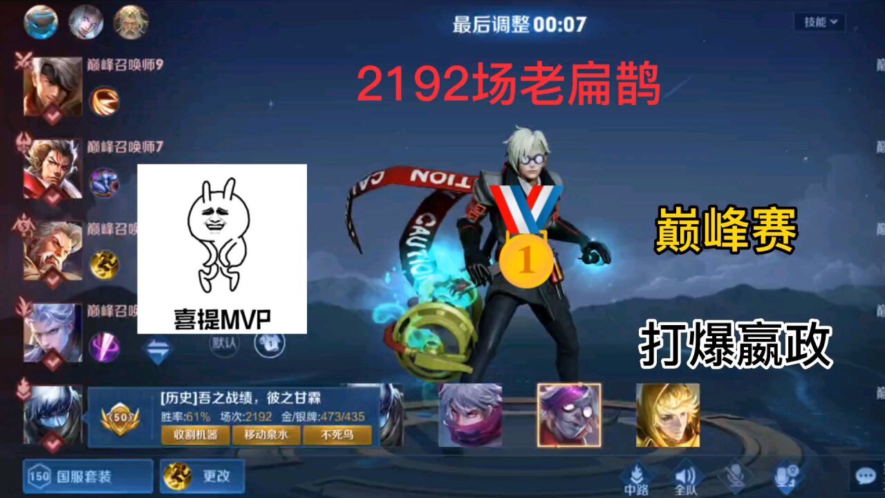 巅峰赛2192场扁鹊打爆嬴政,喜提MVP.