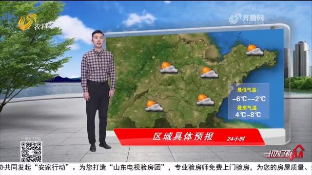 烟台北部、威海北部天气多云转晴,山东全省最低气温6℃到2℃