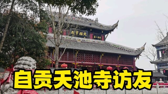 自贡天池寺大雄宝殿前有一从不干枯的水池,来这里访友问禅赏书法