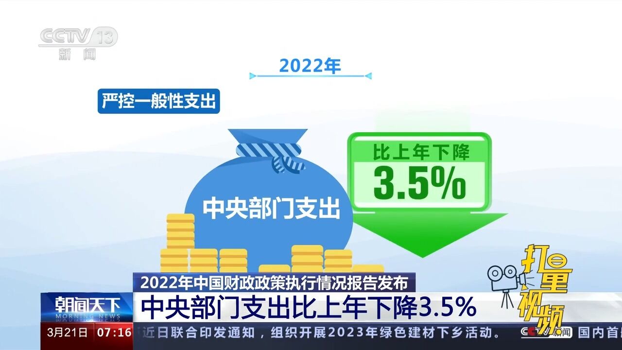 2022年中国财政政策执行情况报告:中央部门支出比上年下降3.5%