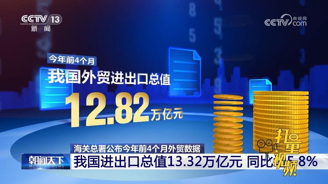 前4个月外贸数据公布:我国进出口总值13.32万亿元,同比增5.8%