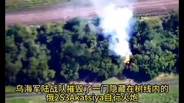 乌海军陆战队摧毁了一门隐藏在树线内的俄2S3Akatsiya自行火炮