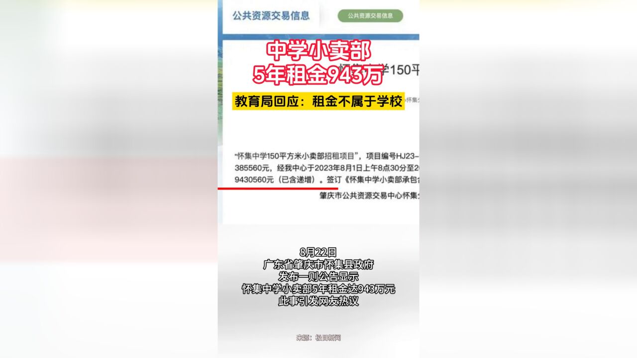 中学小卖部5年租金943万?教育局回应