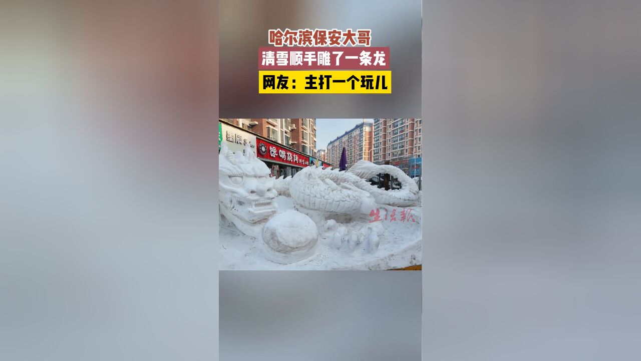 哈尔滨保安大哥,清雪顺手雕了一条龙