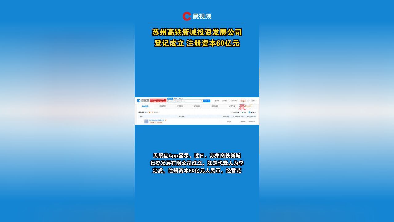 苏州高铁新城投资发展公司登记成立 注册资本60亿元