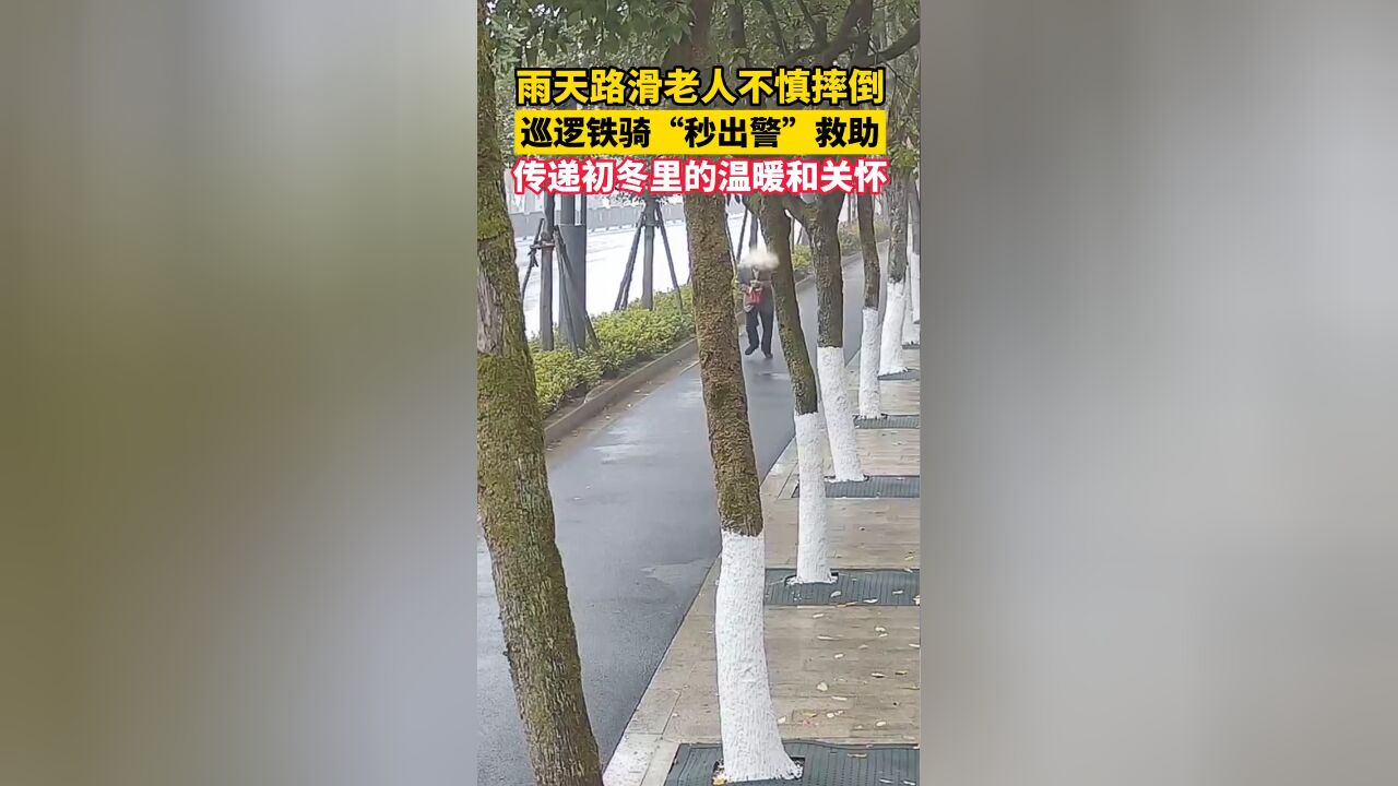 雨天路滑老人不慎摔倒 巡逻铁骑秒出警救助