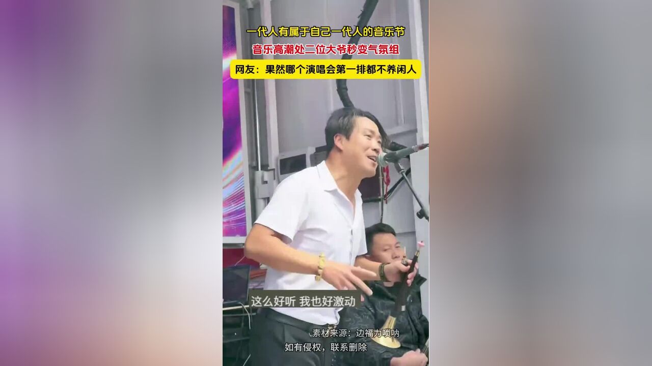 一代人有属于自己一代人的音乐节,音乐高潮处二位大爷秒变气氛组,网友:果然哪个演唱会第一排都不养闲人