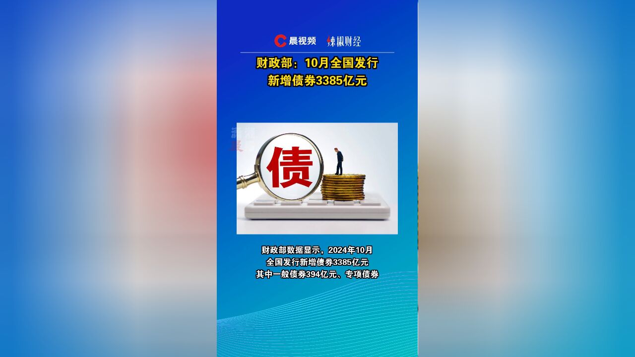 财政部:10月全国发行新增债券3385亿元