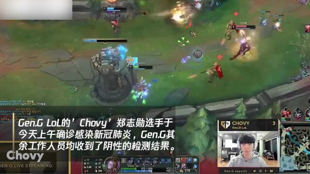 Gen.G Lo“Chovy”郑志勋选手于今天上午确诊感染新冠肺炎