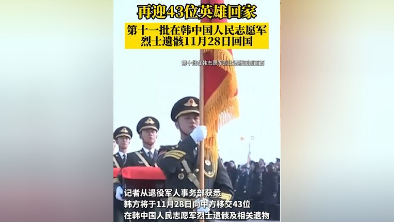 再迎43位英雄回家!中韩双方将交接第十一批在韩中国人民志愿军烈士遗骸,11月28日回国,归期已定,一起接英雄回家!