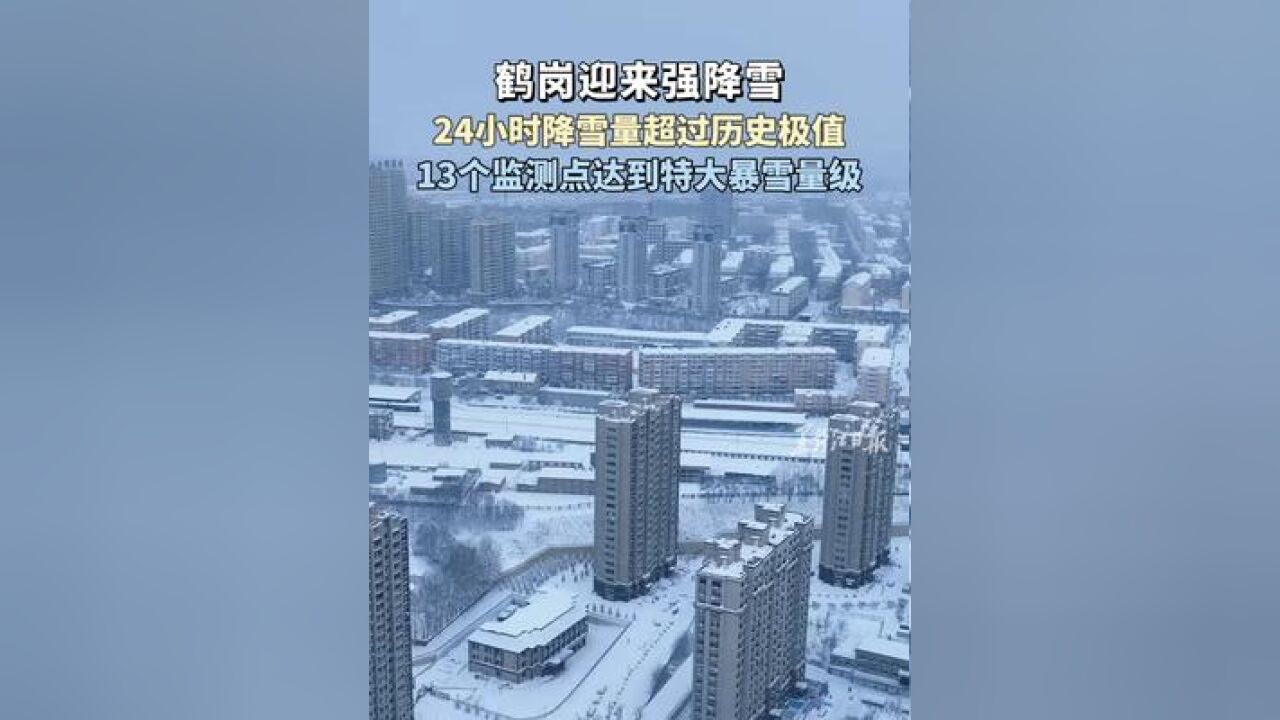 鹤岗迎来强降雪 24小时降雪量超过历史极值 13个监测点达到特大暴雪量级