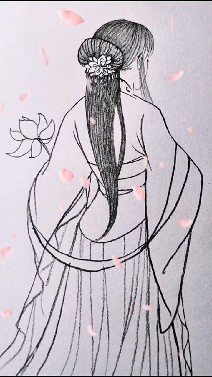 手拿荷花的古风美女侧脸简笔画