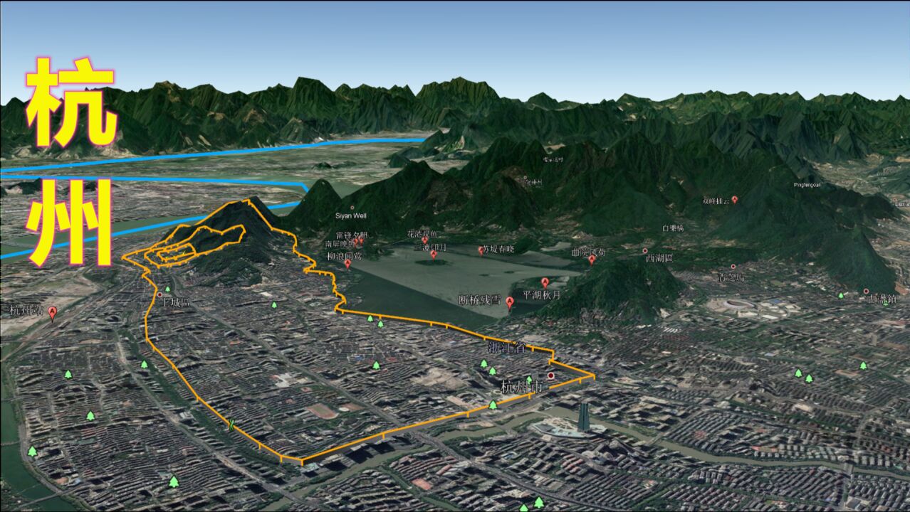 两朝古都,魅力西湖,三维地图看杭州地形地势