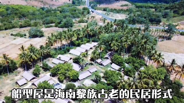 讲解海南江边白查村,原始村寨建筑,黎族传统技术工艺船型屋