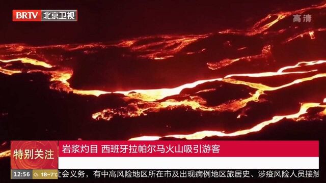 岩浆灼目西班牙拉帕尔马火山吸引游客