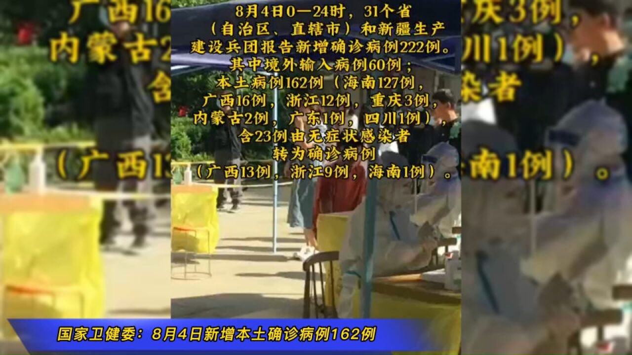 国家卫健委:8月4日新增本土确诊病例162例