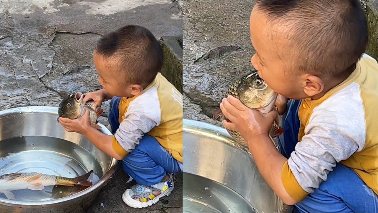 男孩看见水盆里有活鱼,抓起后毫不犹豫塞进嘴里:主打一个新鲜?