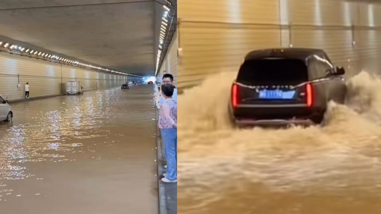 暴雨桥洞积水多车等待,路虎大哥加速勇闯,以为是王者结果帅不到3秒