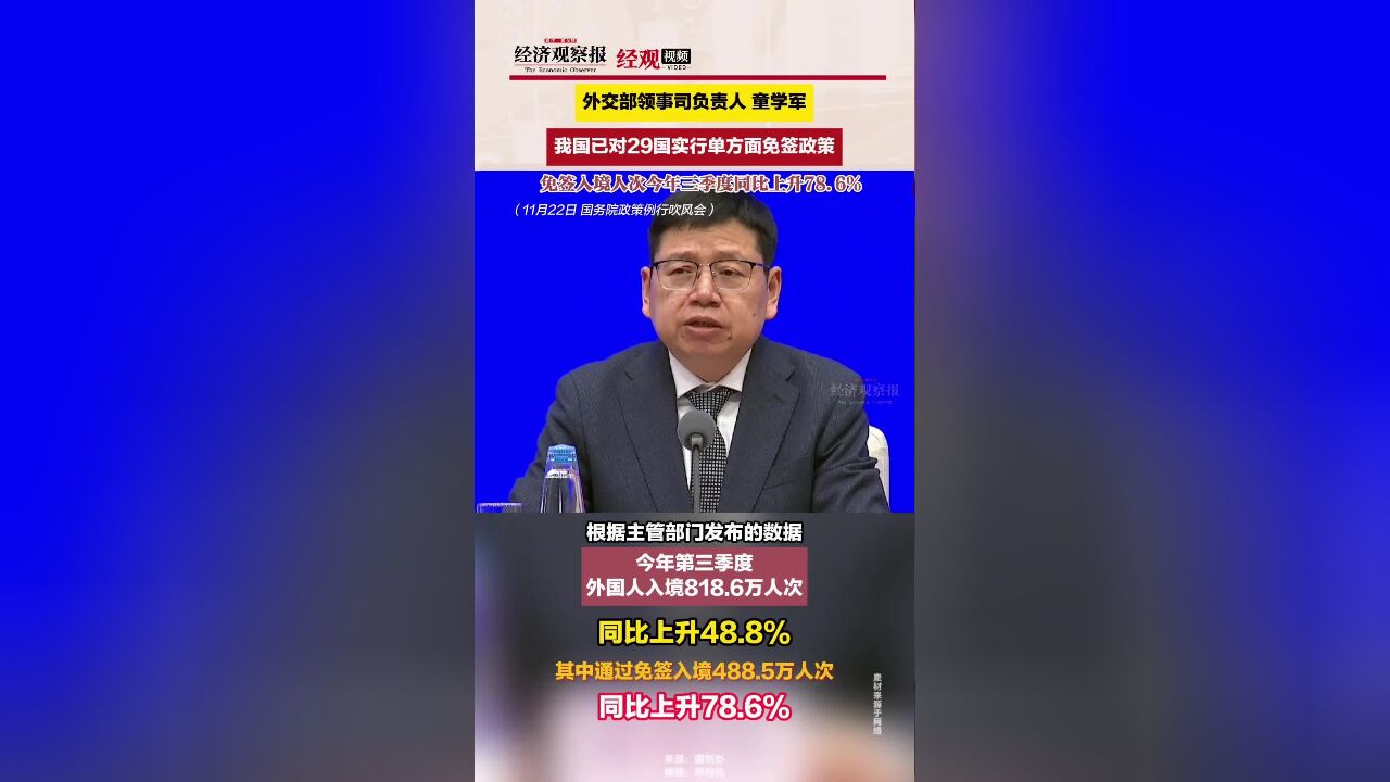 外交部领事司负责人童学军:我国已对29国实行单方面免签政策