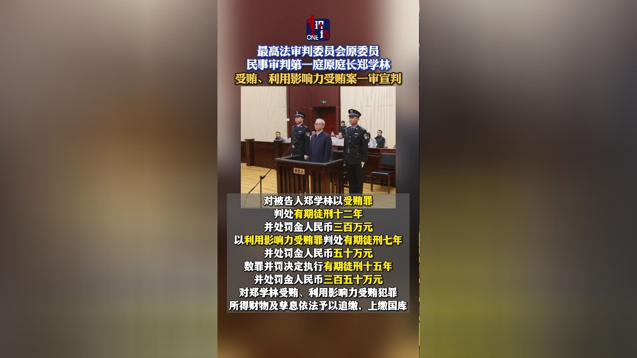 最高法审判委员会原委员、民事审判第一庭原庭长郑学林受贿 、利用影响力受贿案一审宣判