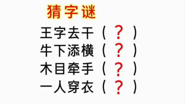 猜字谜:王字去干,牛下添横,木目牵手,一人穿衣(打四个字)