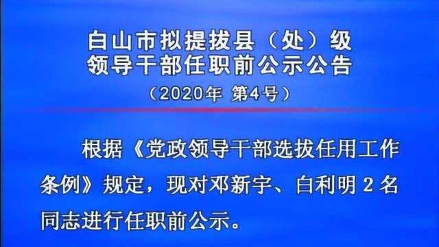 白山市拟提拔县(处)级 领导干部任职前公示公告 (2020年 第4号)