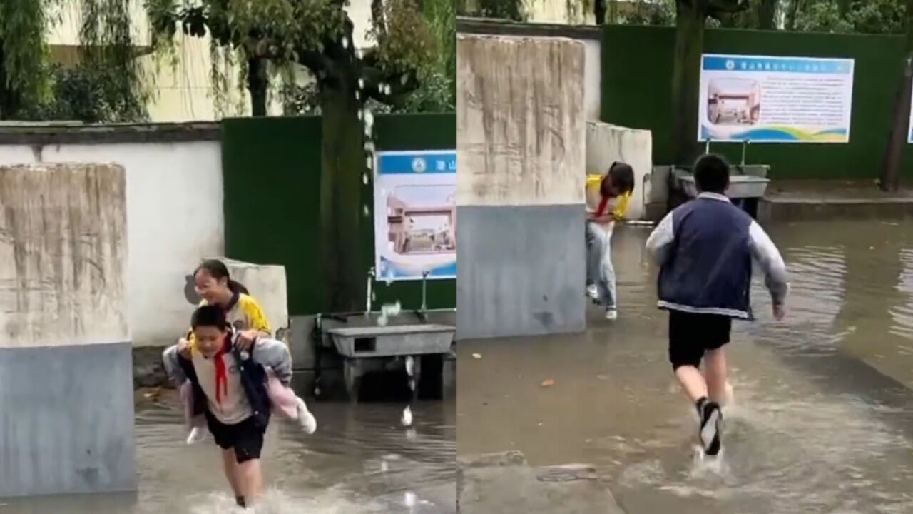 暴雨天路面积水,女同学上厕所不方便,小暖男挨个背同学去厕所