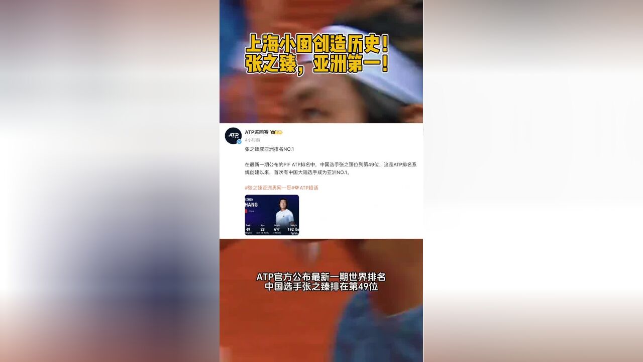 上海小囡创造历史!张之臻,成为新任亚洲男网一哥!