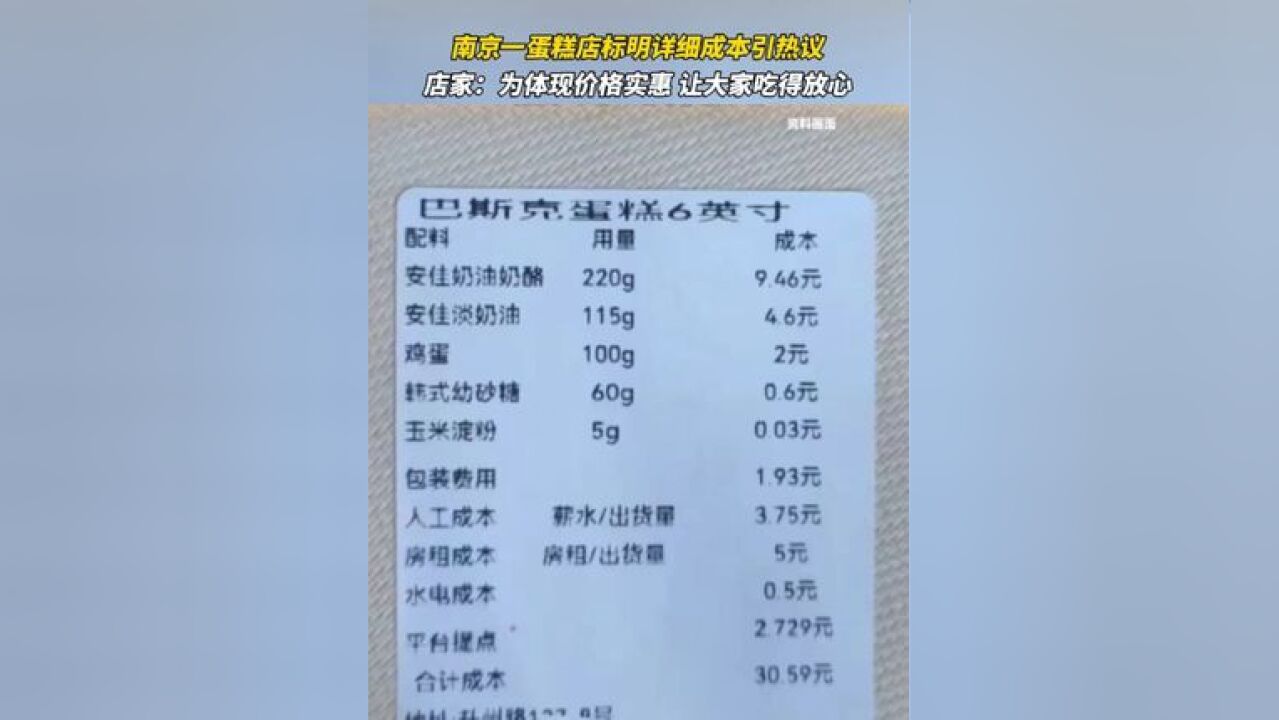 南京一蛋糕店在包装盒上详细标出等各项成本,引发网友不同观点热议,店员:为体现价格实惠想薄利多销