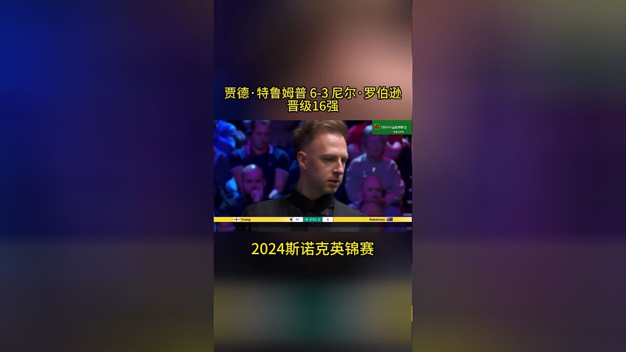 特鲁姆普在13落后的情况下找回手感,连下5局,最终以63的比分逆转战胜罗伯逊,晋级16强