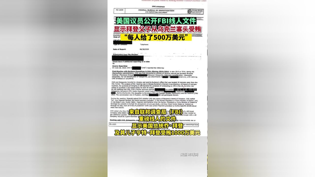 美国议员公开FBI线人文件,显示拜登父子从乌克兰寡头受贿