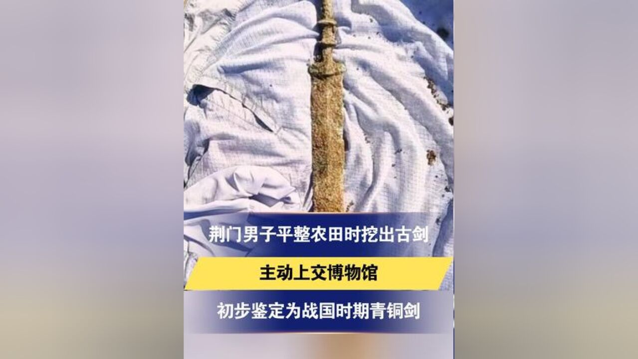 荆门男子平整农田时挖出古剑 主动上交博物馆 初步鉴定为战国时期青铜剑