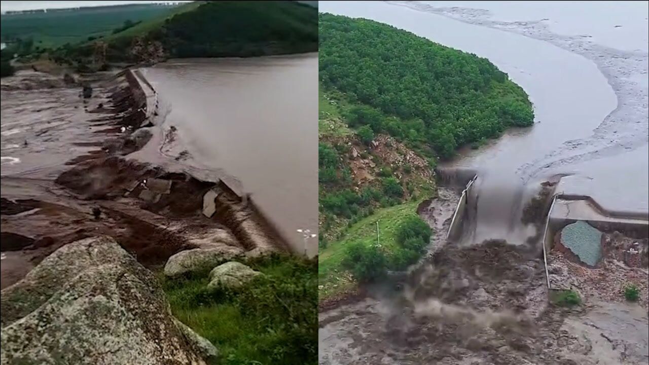 内蒙古莫旗境内连降暴雨致两座水库决堤:洪水奔涌而下冲垮国道