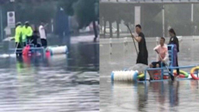 湖北暴雨建材店老板用橡胶水管做筏,义务渡人:主要服务老人、女士